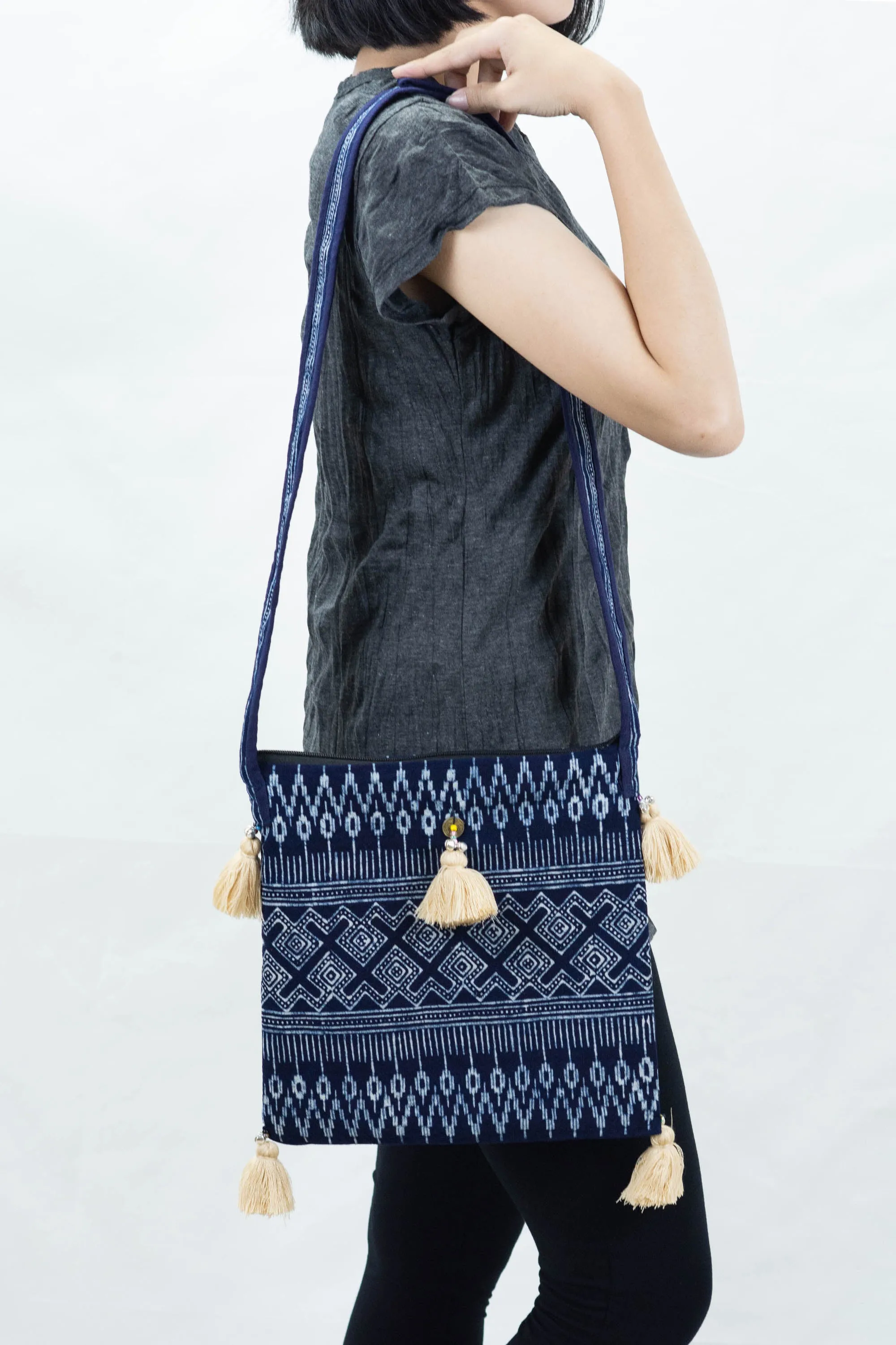 Hmong Indigo Batik Crossbody Sling Bag with Cream Tassels