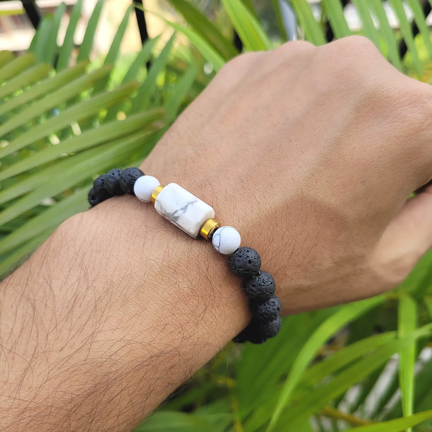 Howlite Matte Tumble Bracelet With Lava Stone And Golden Hematite