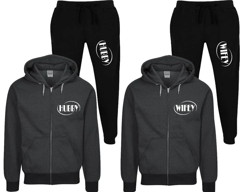 Hubby Wifey Couple Speckle Zipper Hoodies and Jogger Pants Matching Top&Bottom Sets