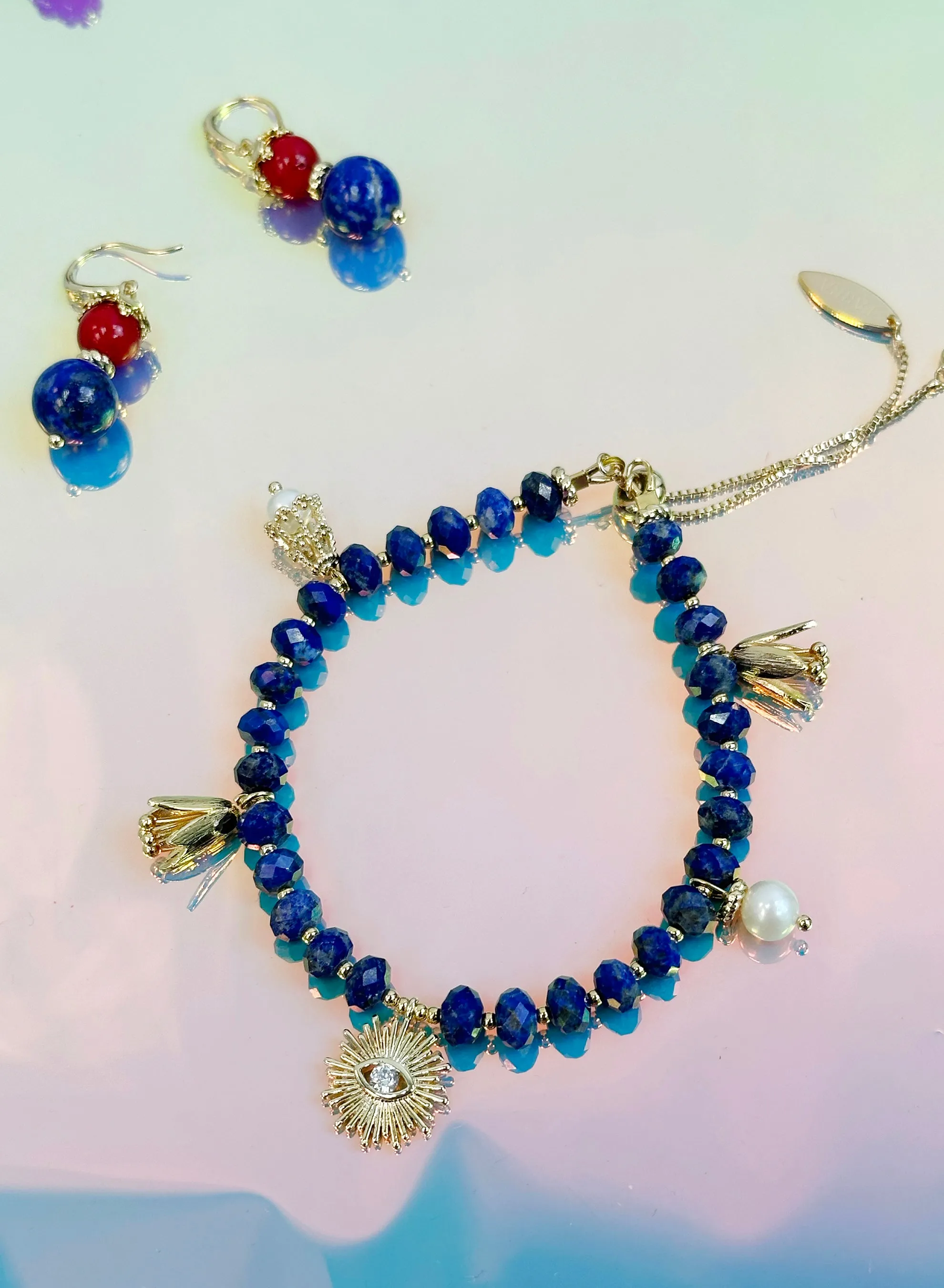 Lapis with Evil Eye Charms Adjustable Bracelet JB007