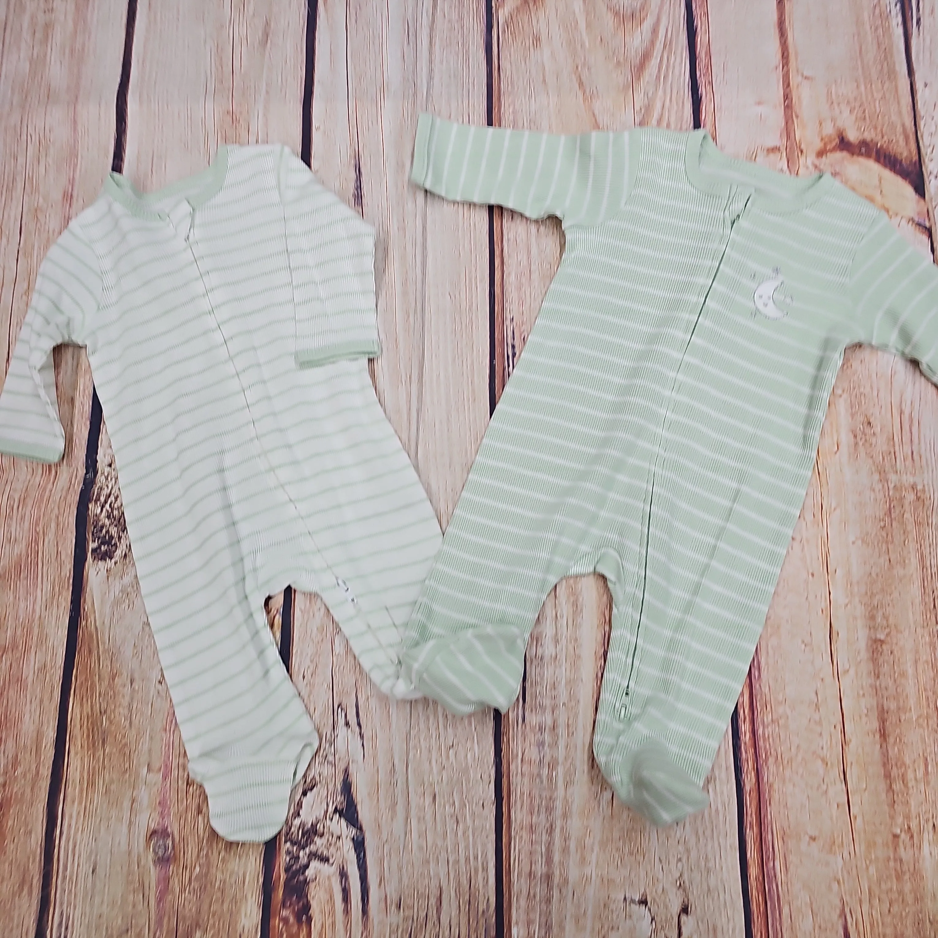 LITTLE ME GREEN STRIPED 2PK FOOTIE SLEEPERS