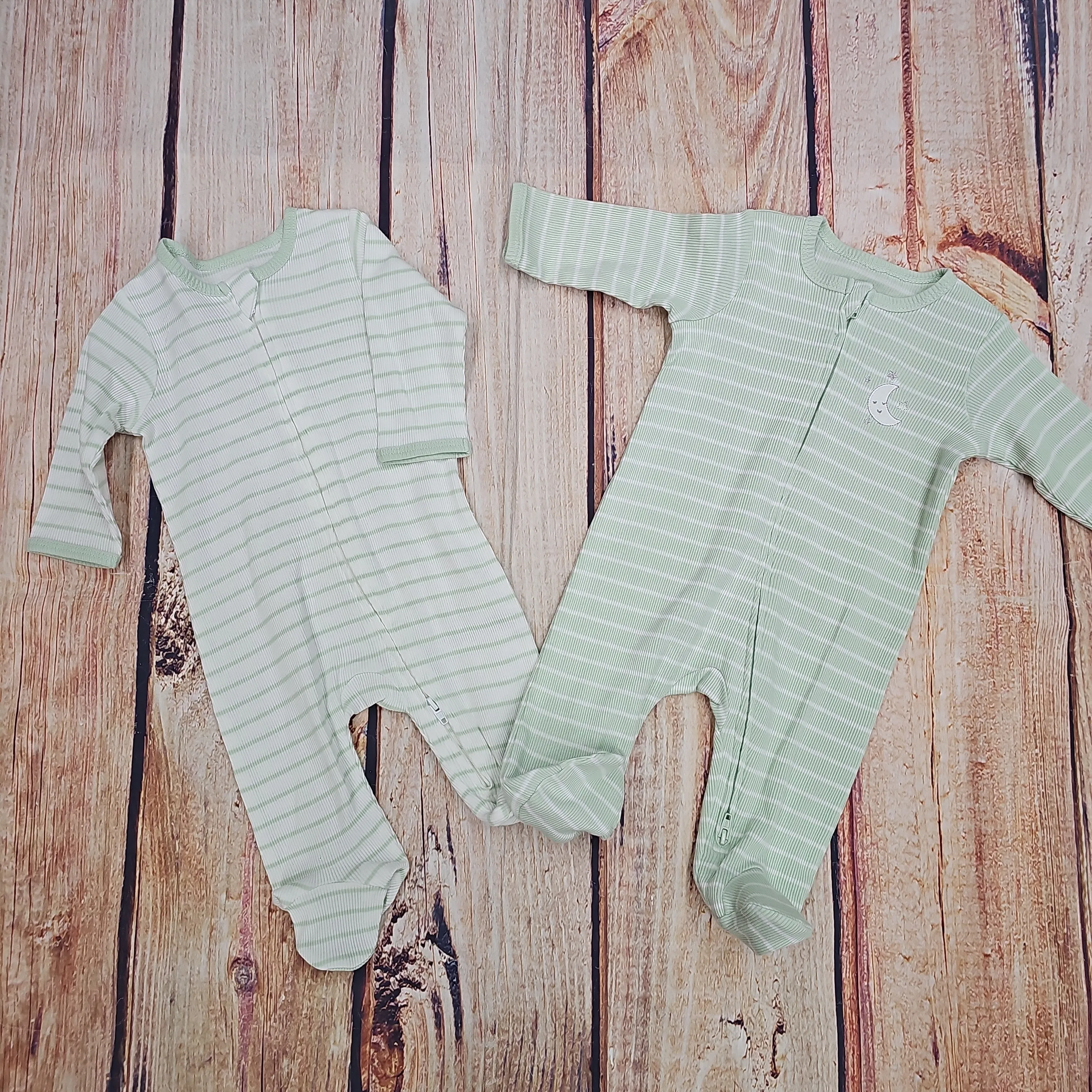 LITTLE ME GREEN STRIPED 2PK FOOTIE SLEEPERS