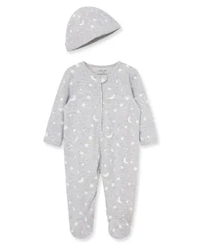 Moon & Stars 2-Way-Zip Footed One-Piece and Hat