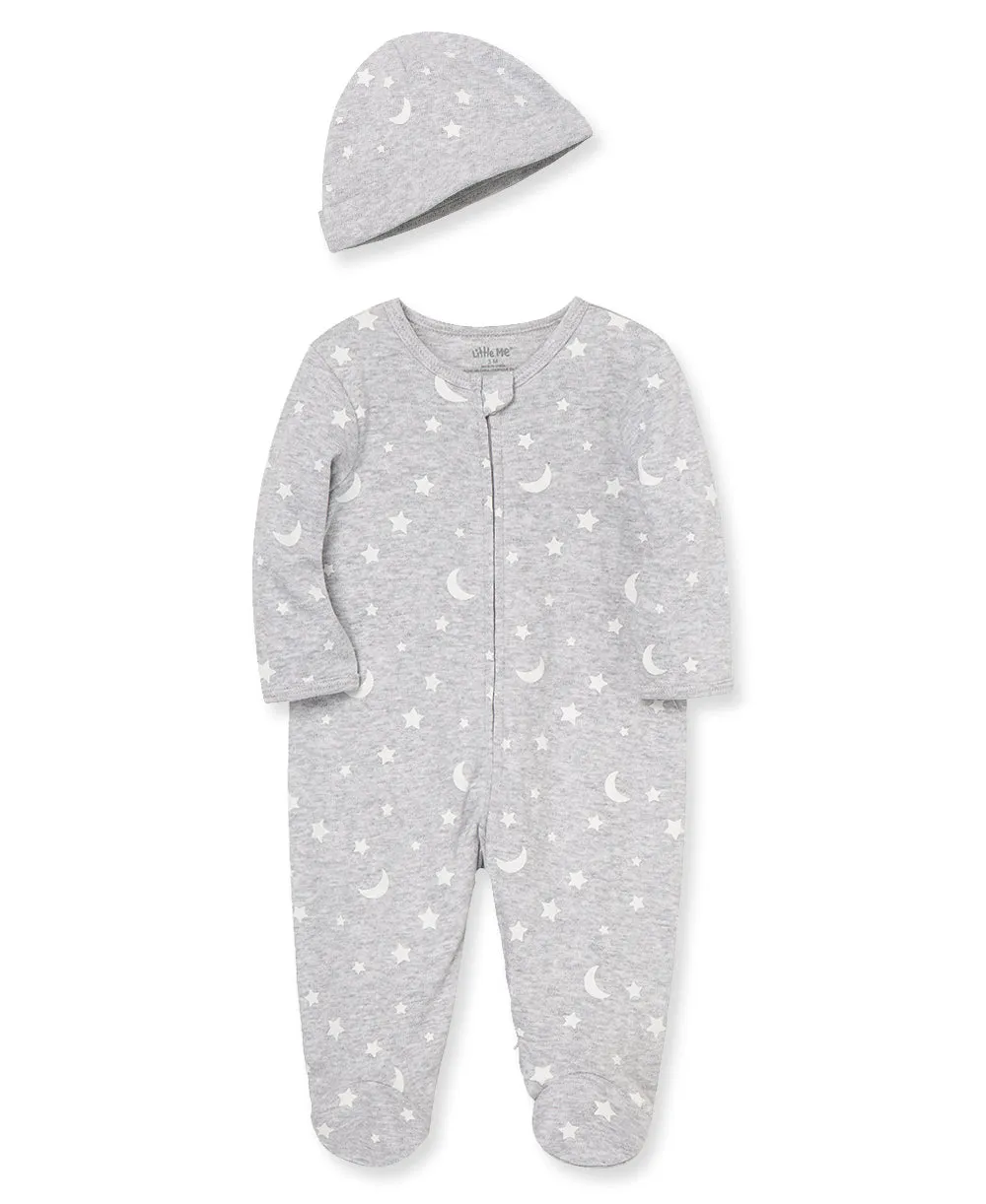 Moon & Stars 2-Way-Zip Footed One-Piece and Hat