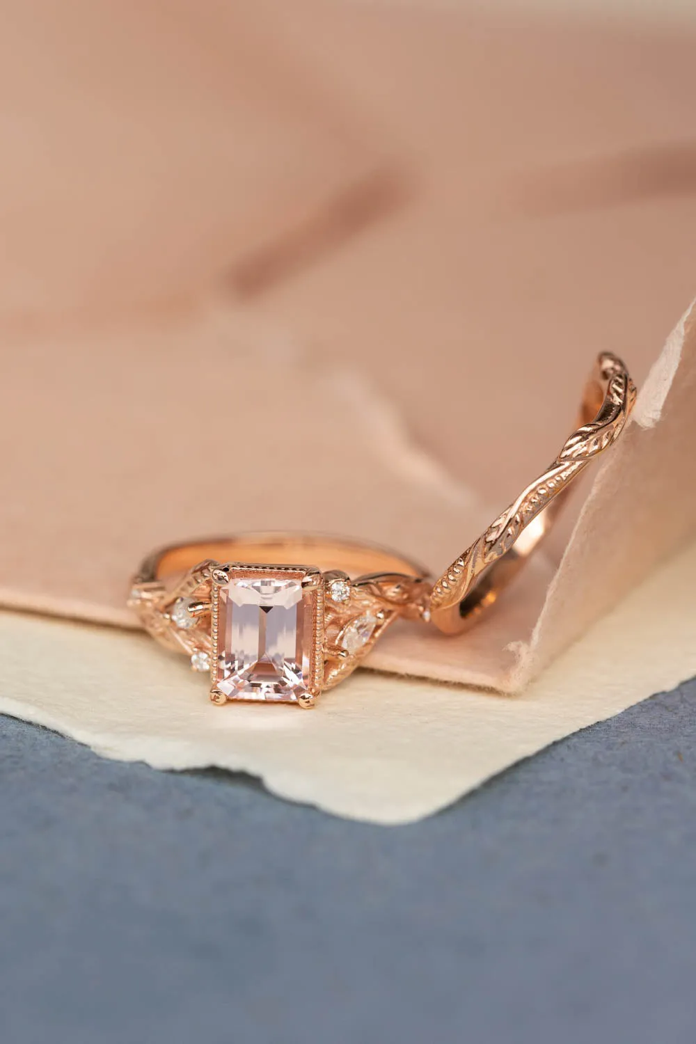 Morganite engagement ring set, emerald cut gemstone bridal ring set / Patricia