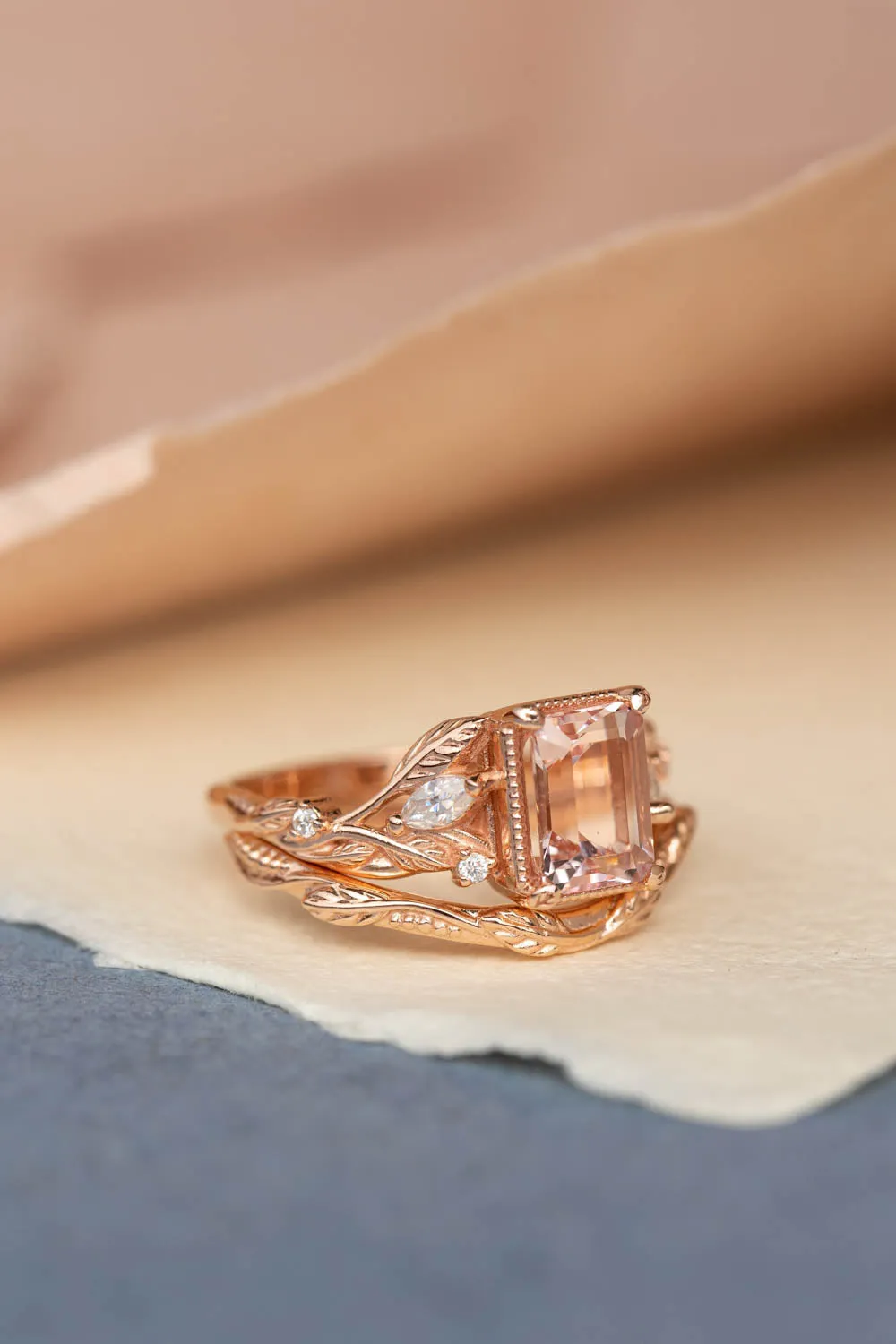 Morganite engagement ring set, emerald cut gemstone bridal ring set / Patricia