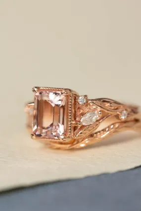 Morganite engagement ring set, emerald cut gemstone bridal ring set / Patricia