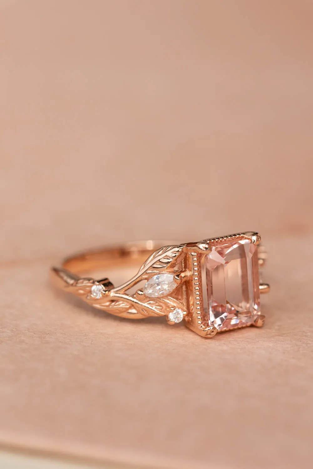 Morganite engagement ring set, emerald cut gemstone bridal ring set / Patricia