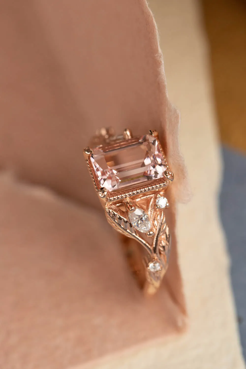 Morganite engagement ring set, emerald cut gemstone bridal ring set / Patricia