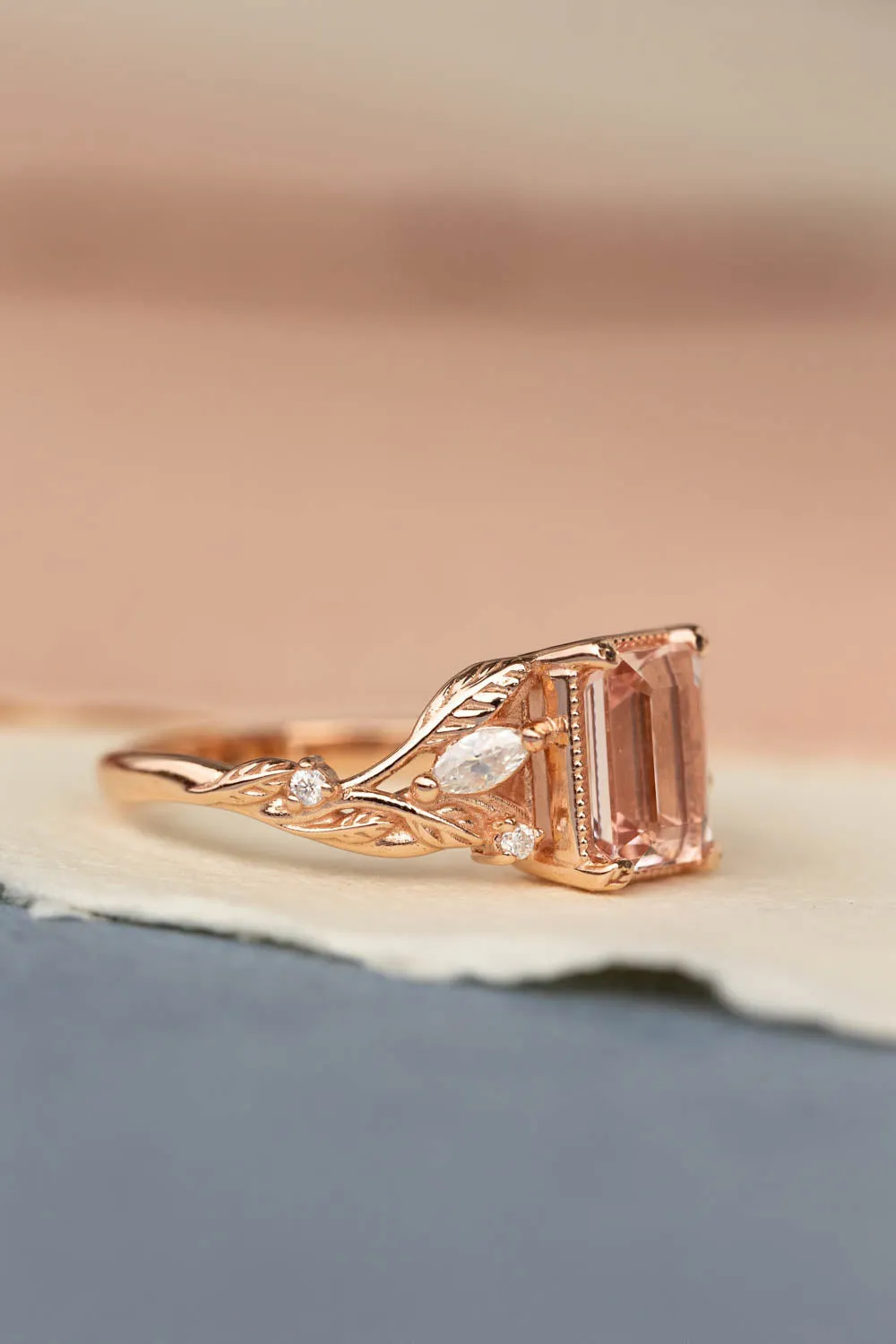 Morganite engagement ring set, emerald cut gemstone bridal ring set / Patricia