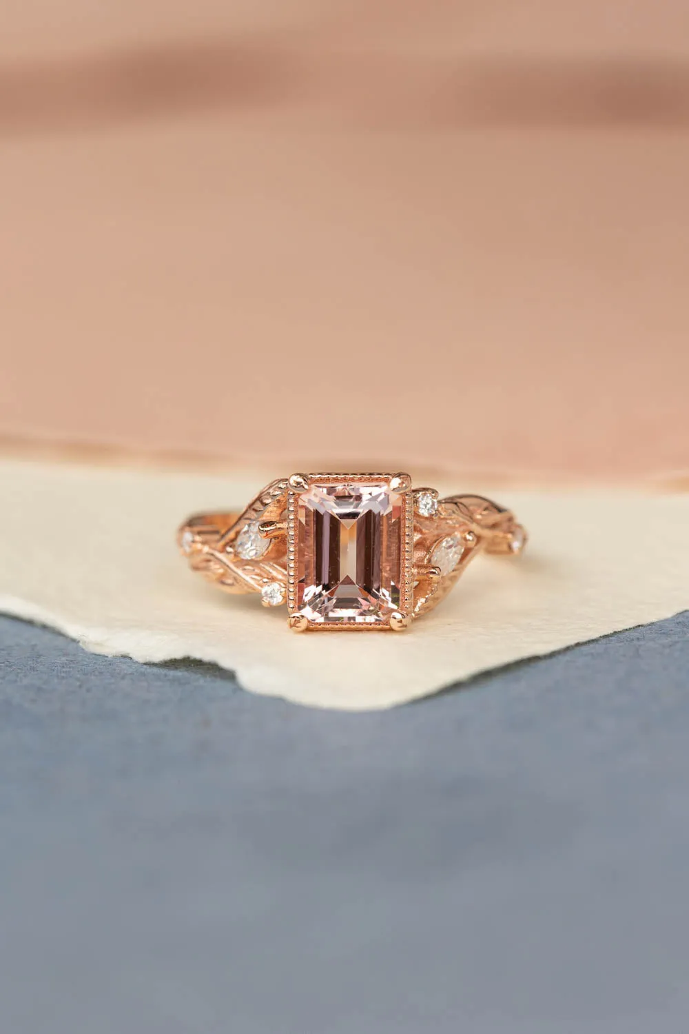 Morganite engagement ring set, emerald cut gemstone bridal ring set / Patricia