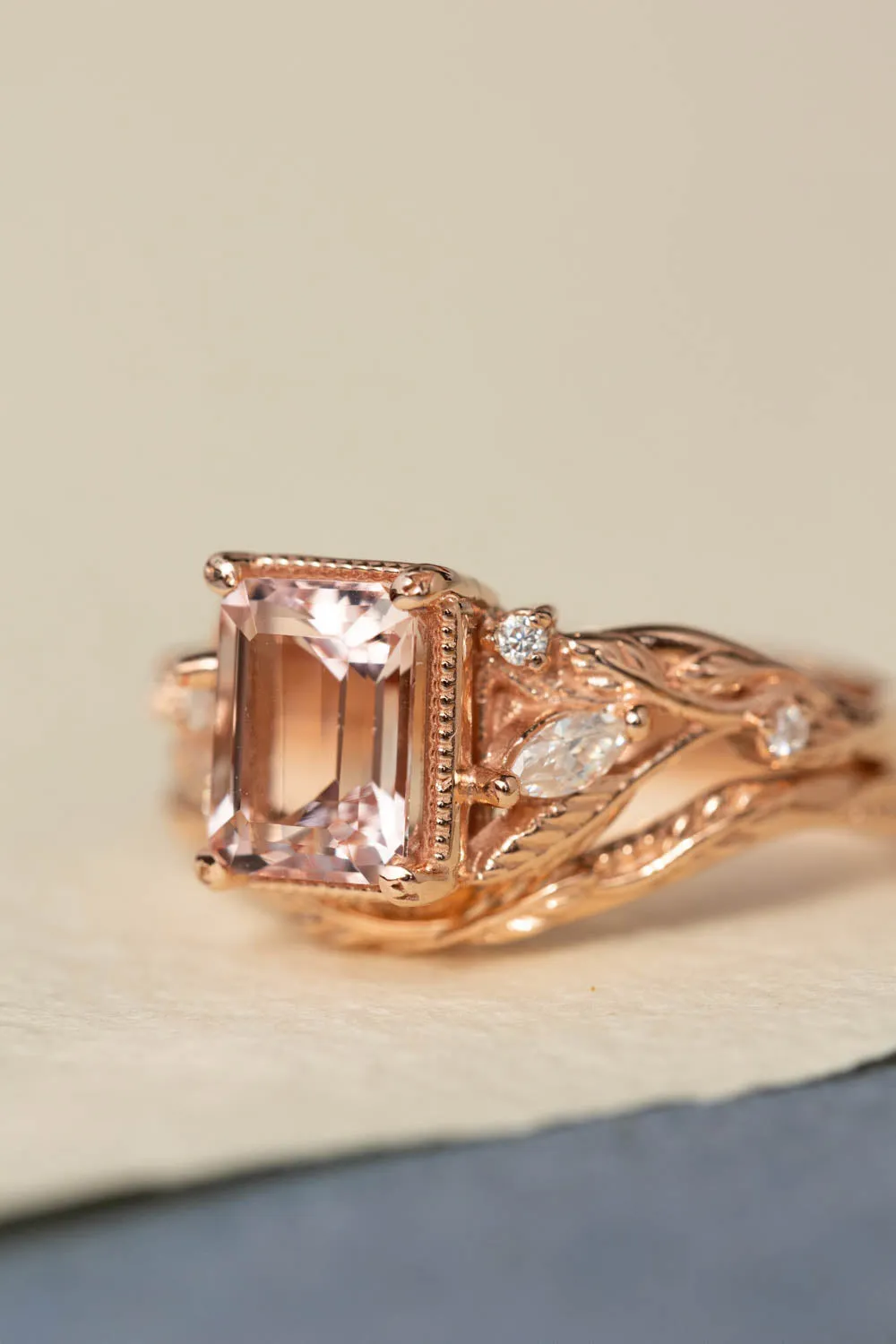 Morganite engagement ring set, emerald cut gemstone bridal ring set / Patricia