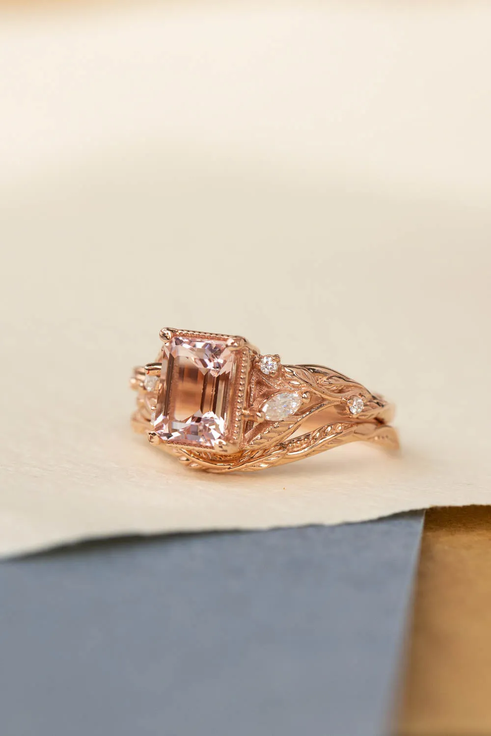 Morganite engagement ring set, emerald cut gemstone bridal ring set / Patricia