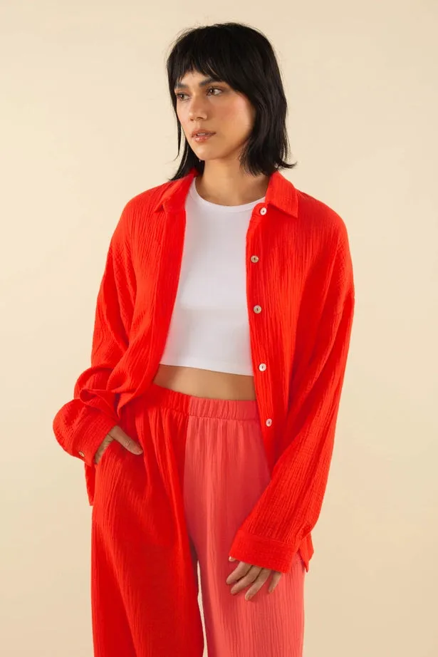 NLT - Mara Cotton Gauze Long Sleeve Button Up | Cherry