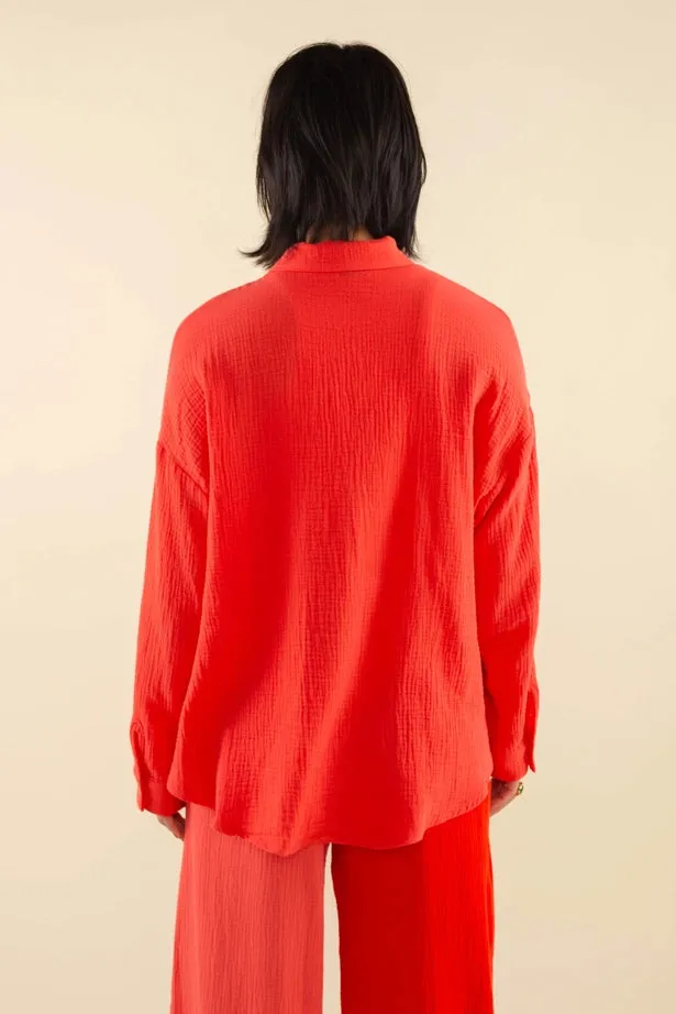 NLT - Mara Cotton Gauze Long Sleeve Button Up | Cherry