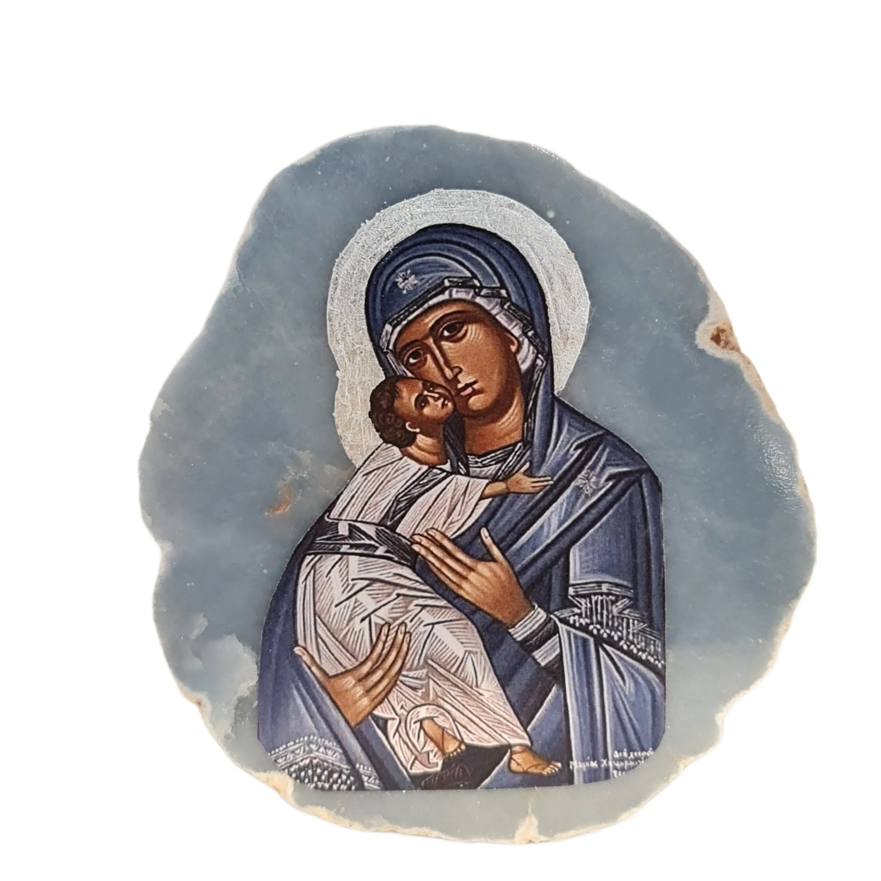 Panayia Icon on Blue Angelite Stone