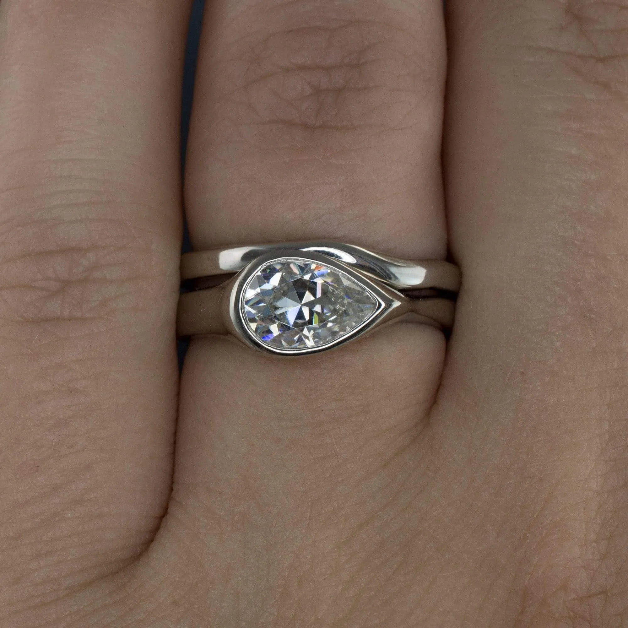 Pear Moissanite Tear Drop Bezel Bridal Set Engagement Ring and Wedding Band