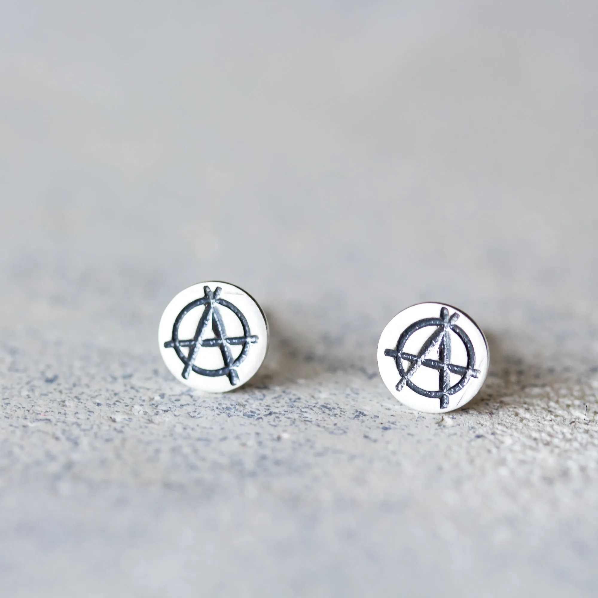 Punk Rock Anarchy Logo Stud Earrings, Hand Stamped Sterling Silver