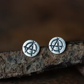 Punk Rock Anarchy Logo Stud Earrings, Hand Stamped Sterling Silver