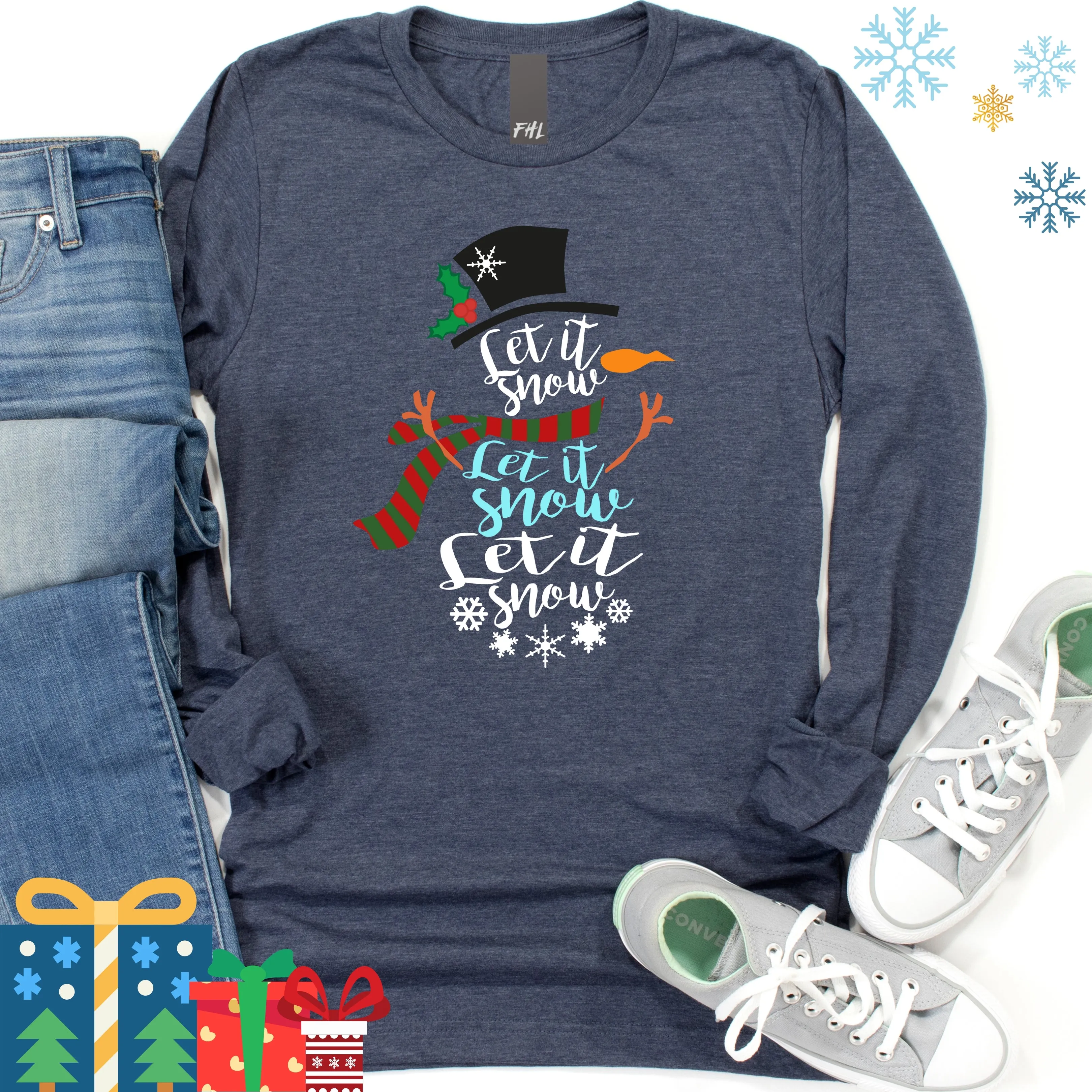 "Let It Snow" Long Sleeve T-Shirt (Heather Navy) (Quick Ship)