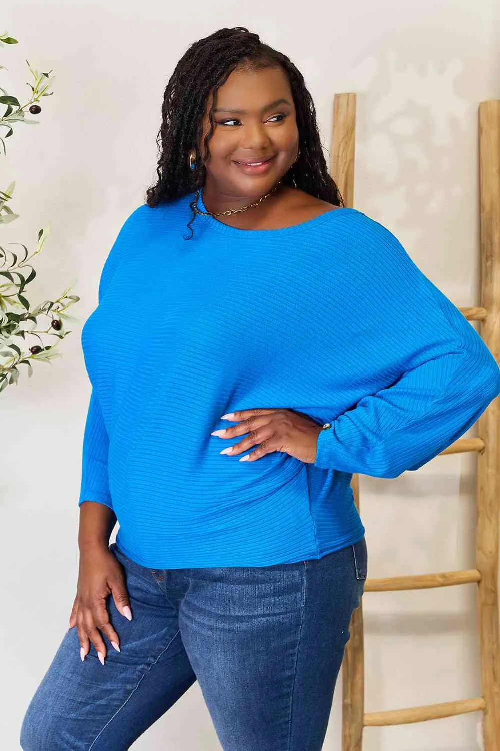 Round Neck Batwing Sleeve Blouse in Cobalt Blue