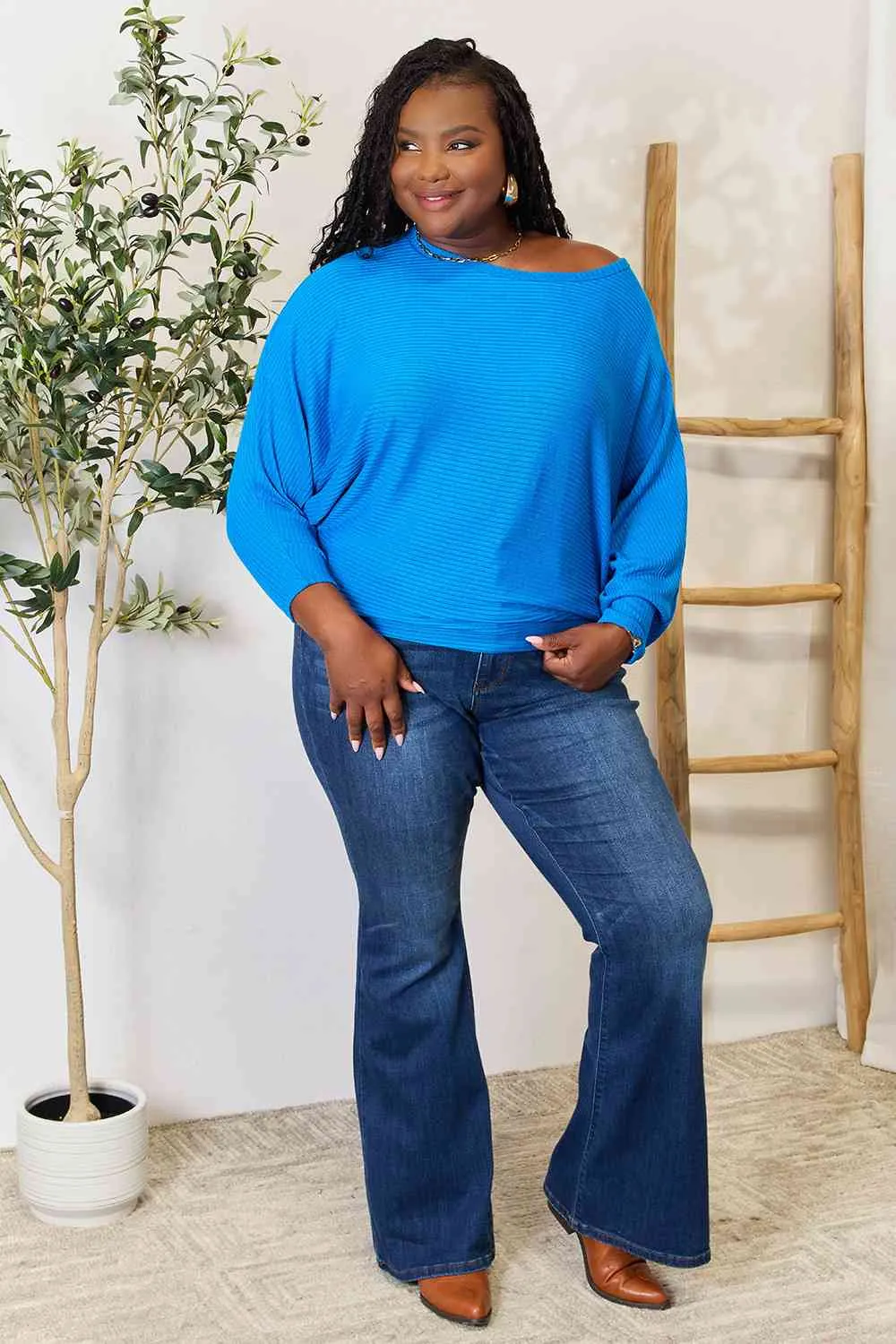 Round Neck Batwing Sleeve Blouse in Cobalt Blue