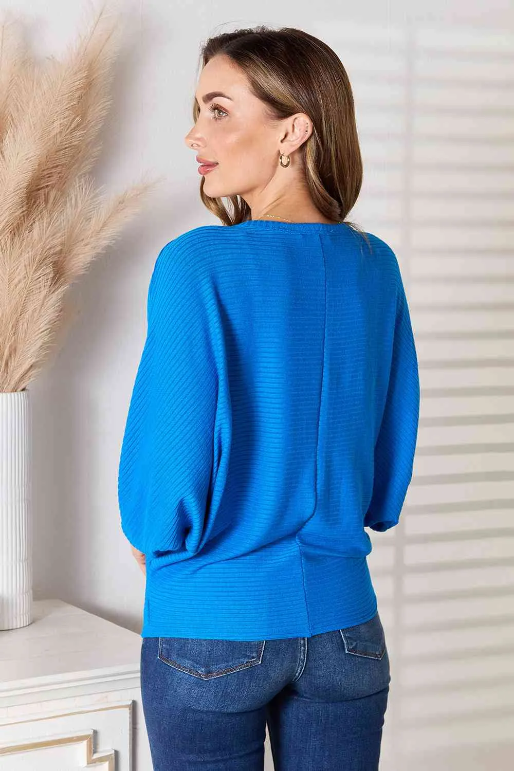 Round Neck Batwing Sleeve Blouse in Cobalt Blue