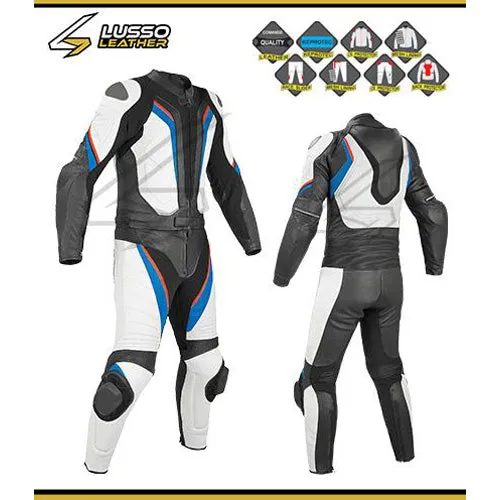 Rowland's white, black, red and blue motorcycle leather suit