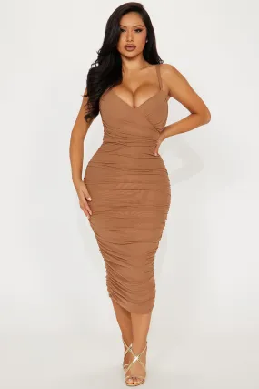 Seeing You Later Ruched Bandage Midi Dress - Mocha