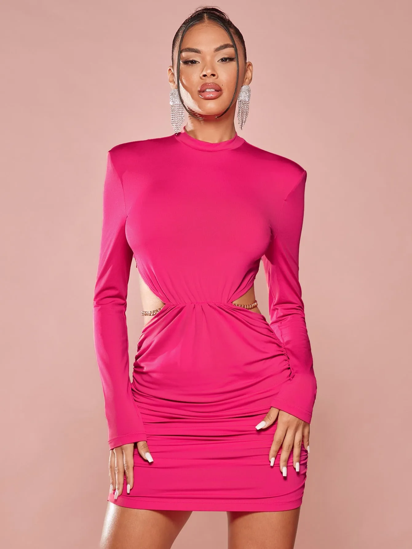 Shoulder Pad Cut Out Ruched Bodycon Dress