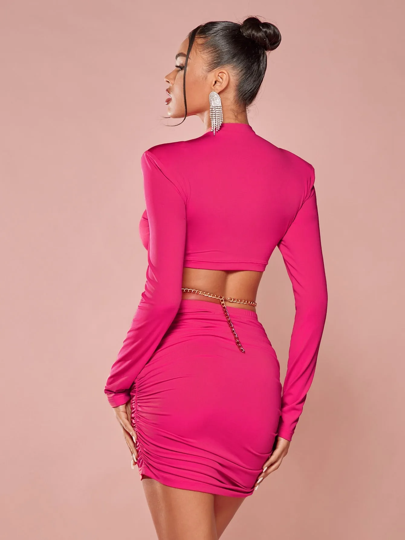 Shoulder Pad Cut Out Ruched Bodycon Dress