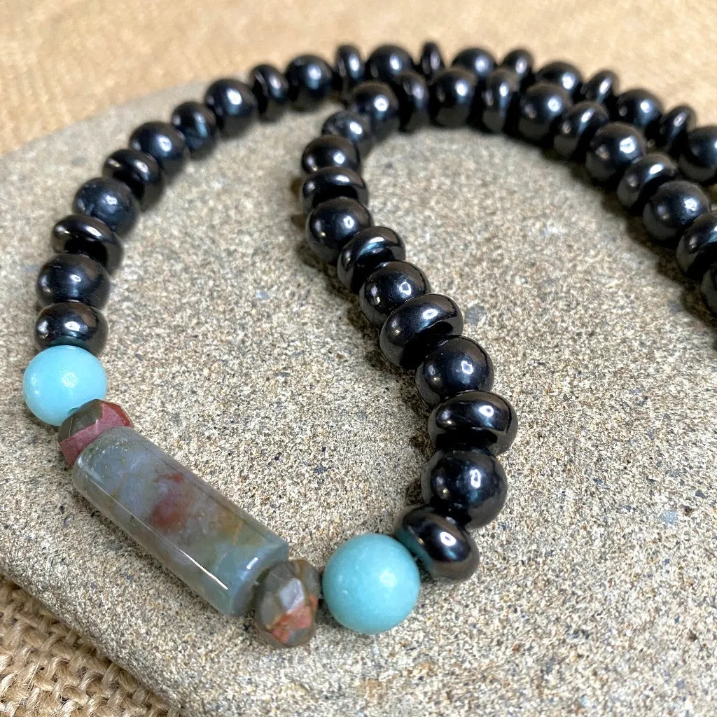 Shungite Necklace with Jasper & Amazonite, Emotional Healing