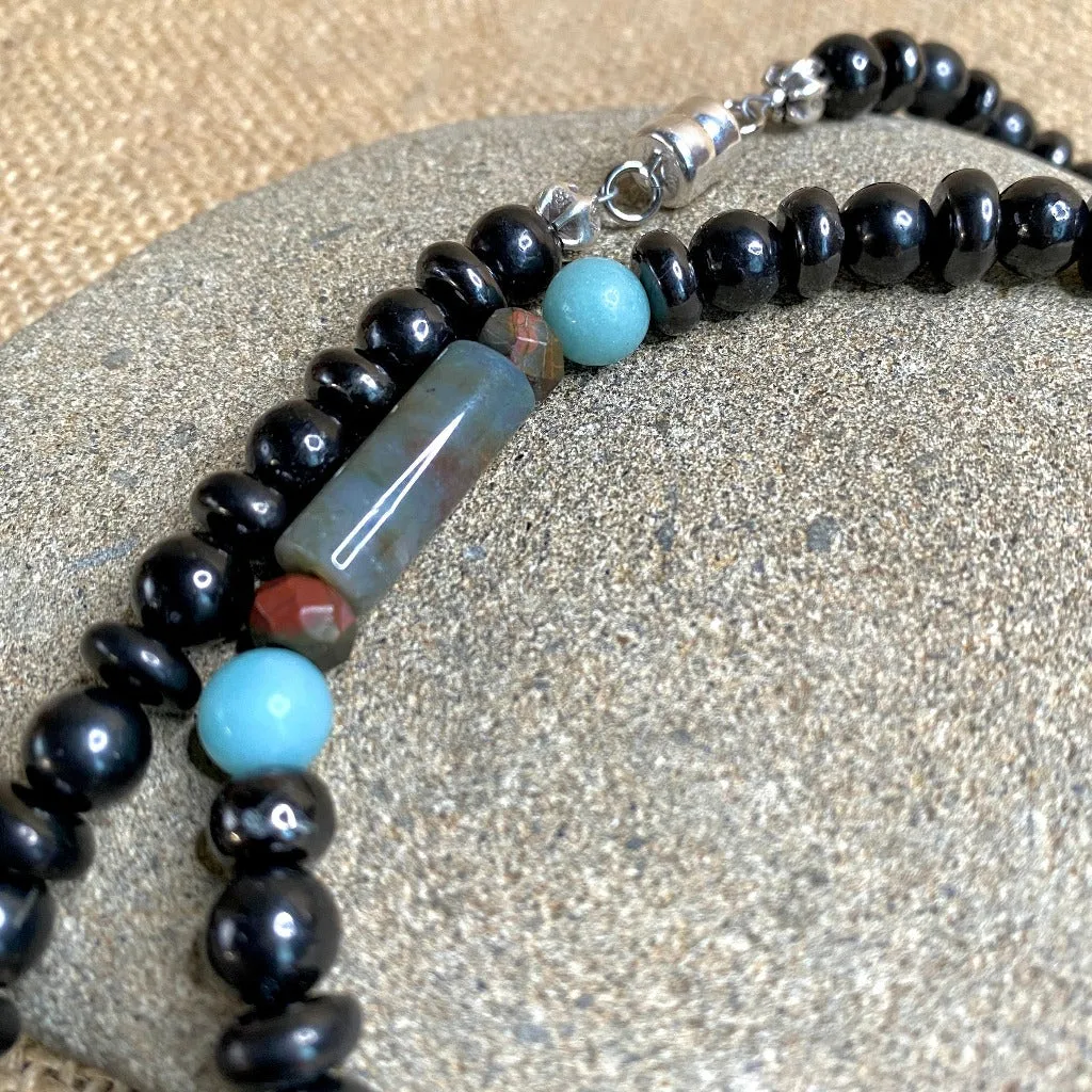 Shungite Necklace with Jasper & Amazonite, Emotional Healing