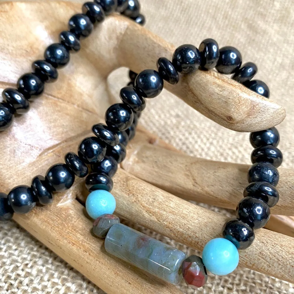 Shungite Necklace with Jasper & Amazonite, Emotional Healing