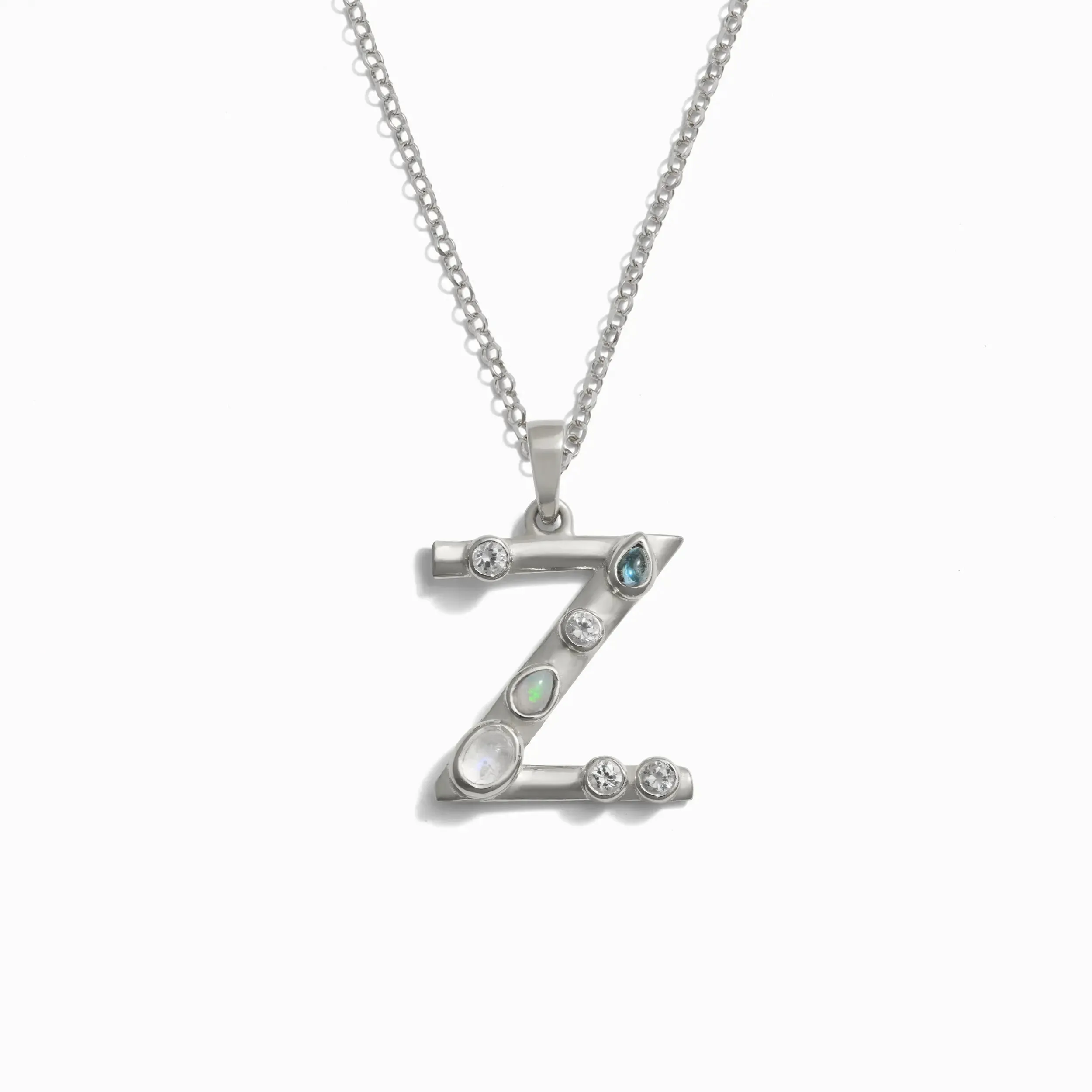 Silver Gemstone Initial Necklace