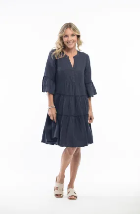 Solid Pure Linen Dress Layers Frill Sleeve - Navy