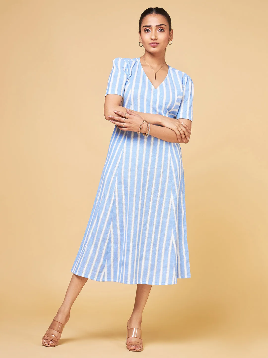 Summer Serenade Blue Multi-Shade Striped Flare Dress