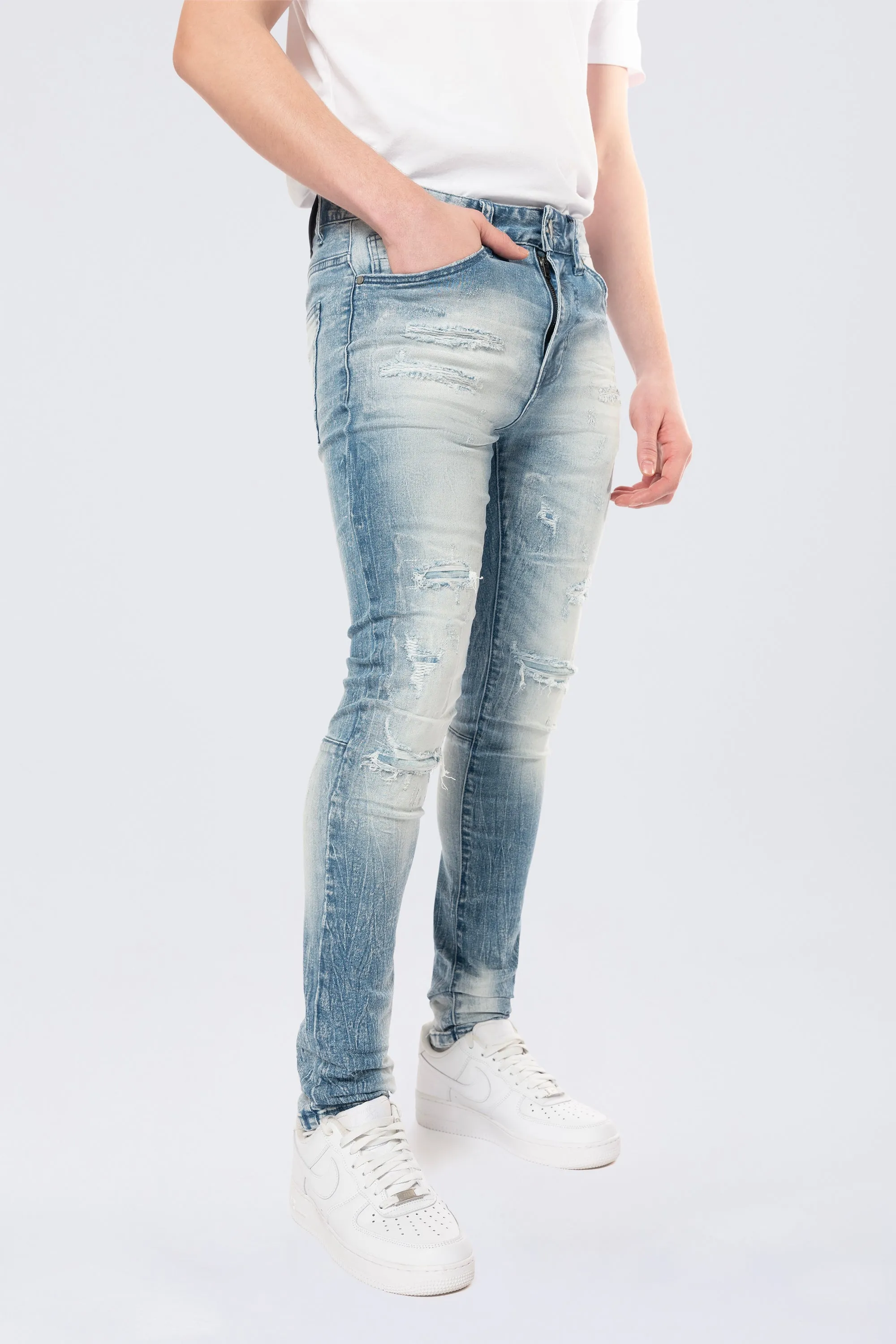 Super Skinny Distressed Rip & Repair Jean - Lowell Blue