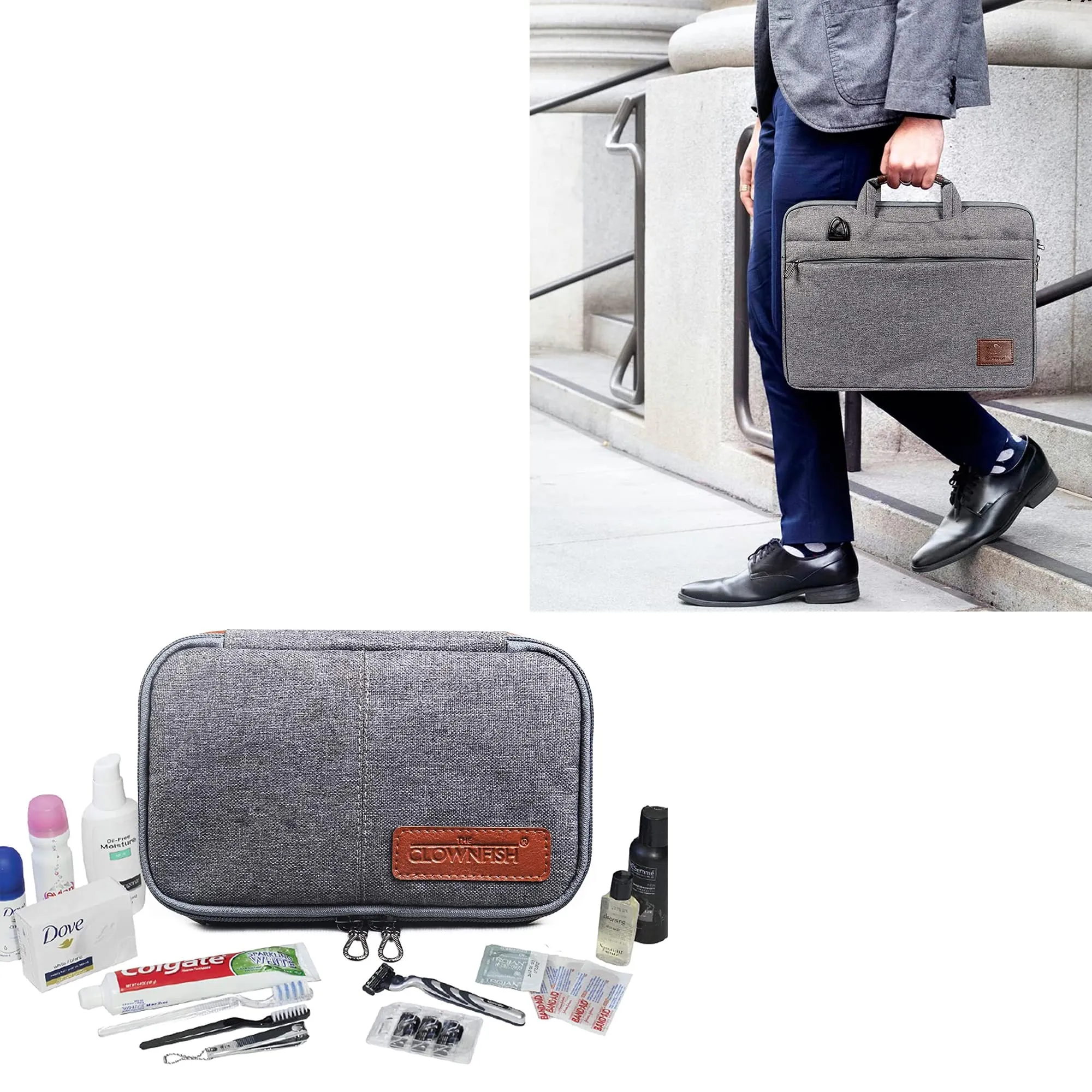 THE CLOWNFISH Combo of Ashton Polyester15.6 inch Laptop Briefcase Travel Pouch Toiletry Bag(Grey)