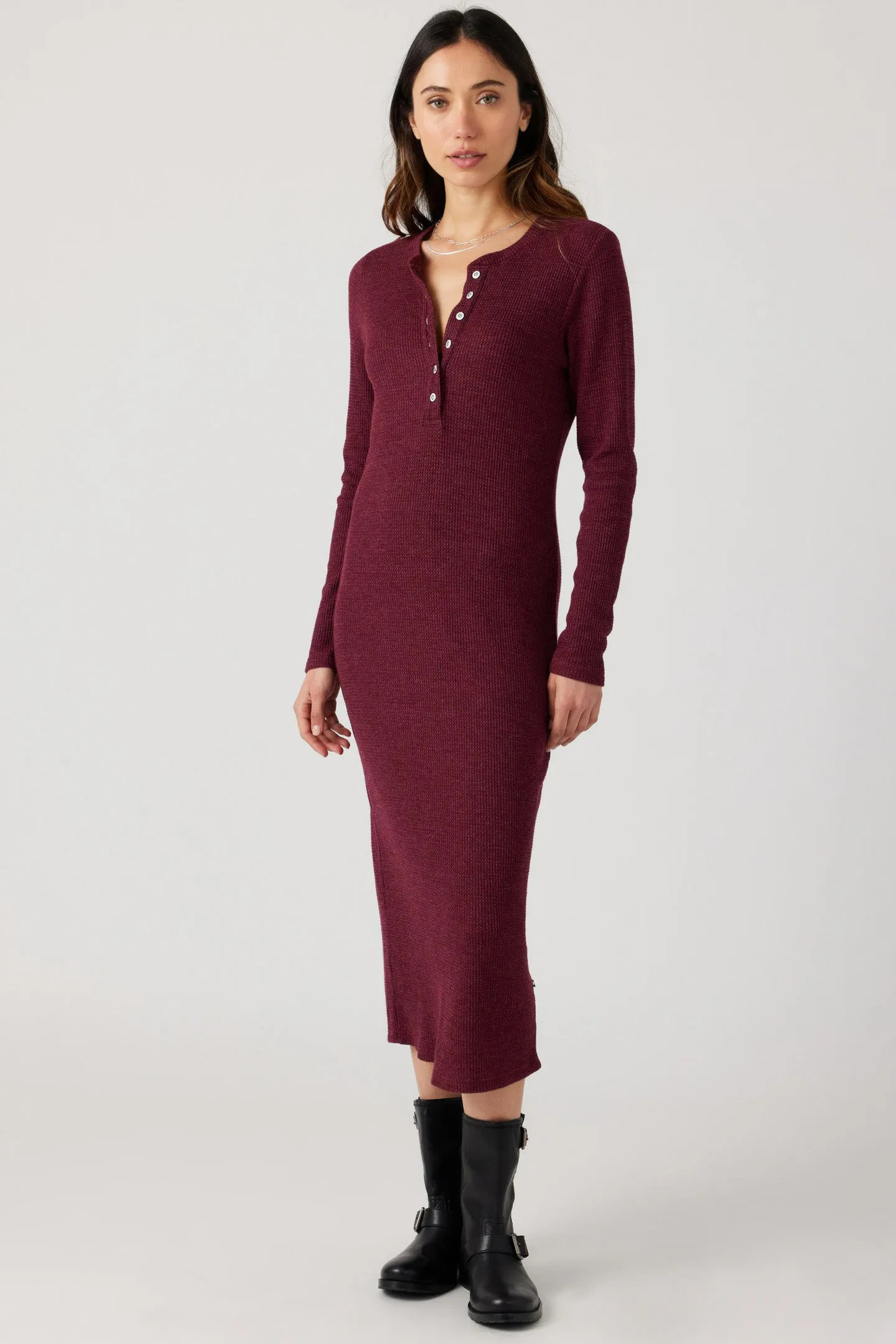 Thermal Henley Midi Dress - Cranberry