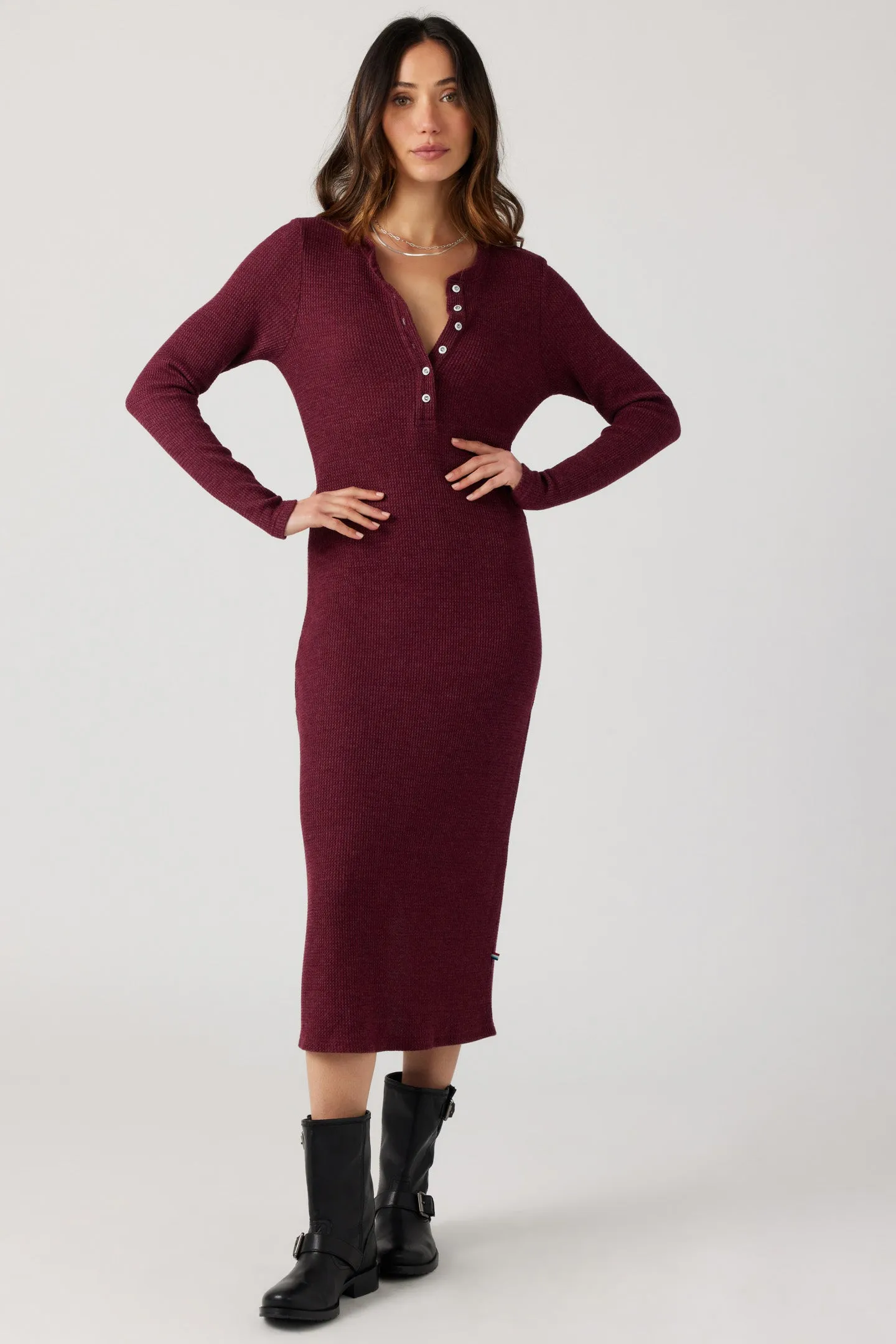 Thermal Henley Midi Dress - Cranberry