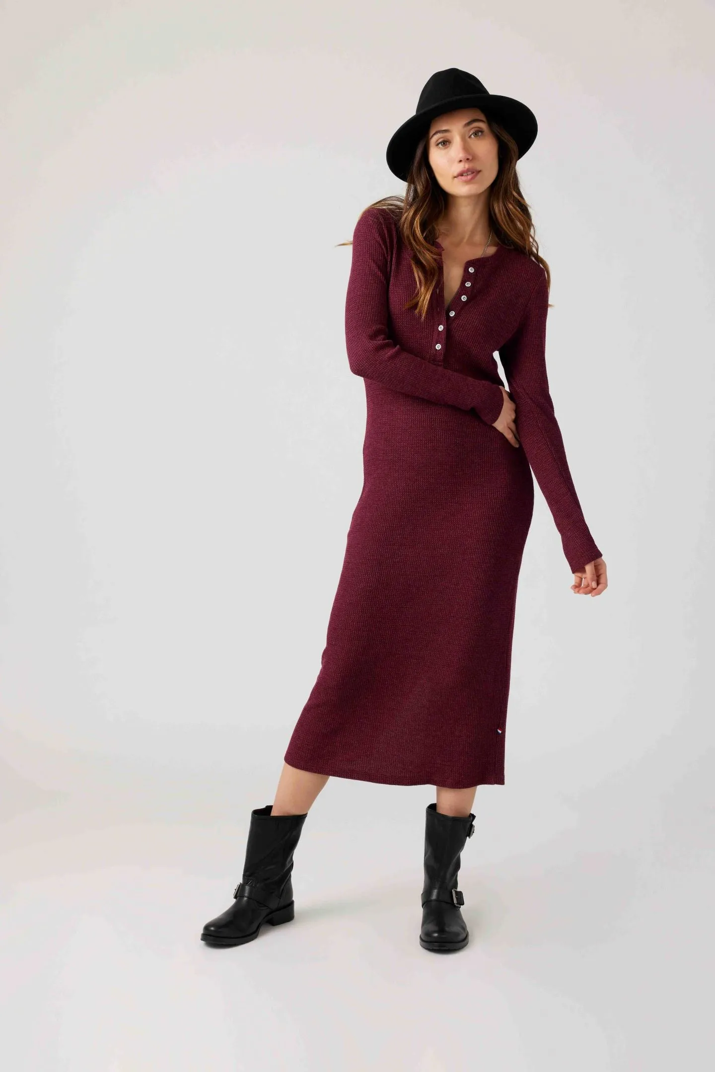 Thermal Henley Midi Dress - Cranberry