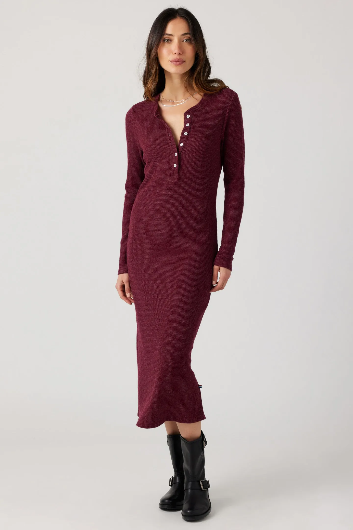 Thermal Henley Midi Dress - Cranberry