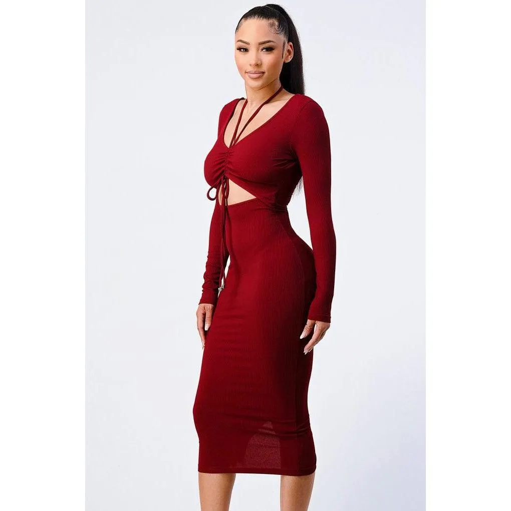 Trendy Front Shirring Cut-out Long Sleeved Dress