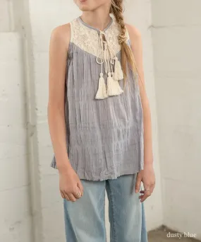 Tweens Dusty Blue Tassel Lace Tank