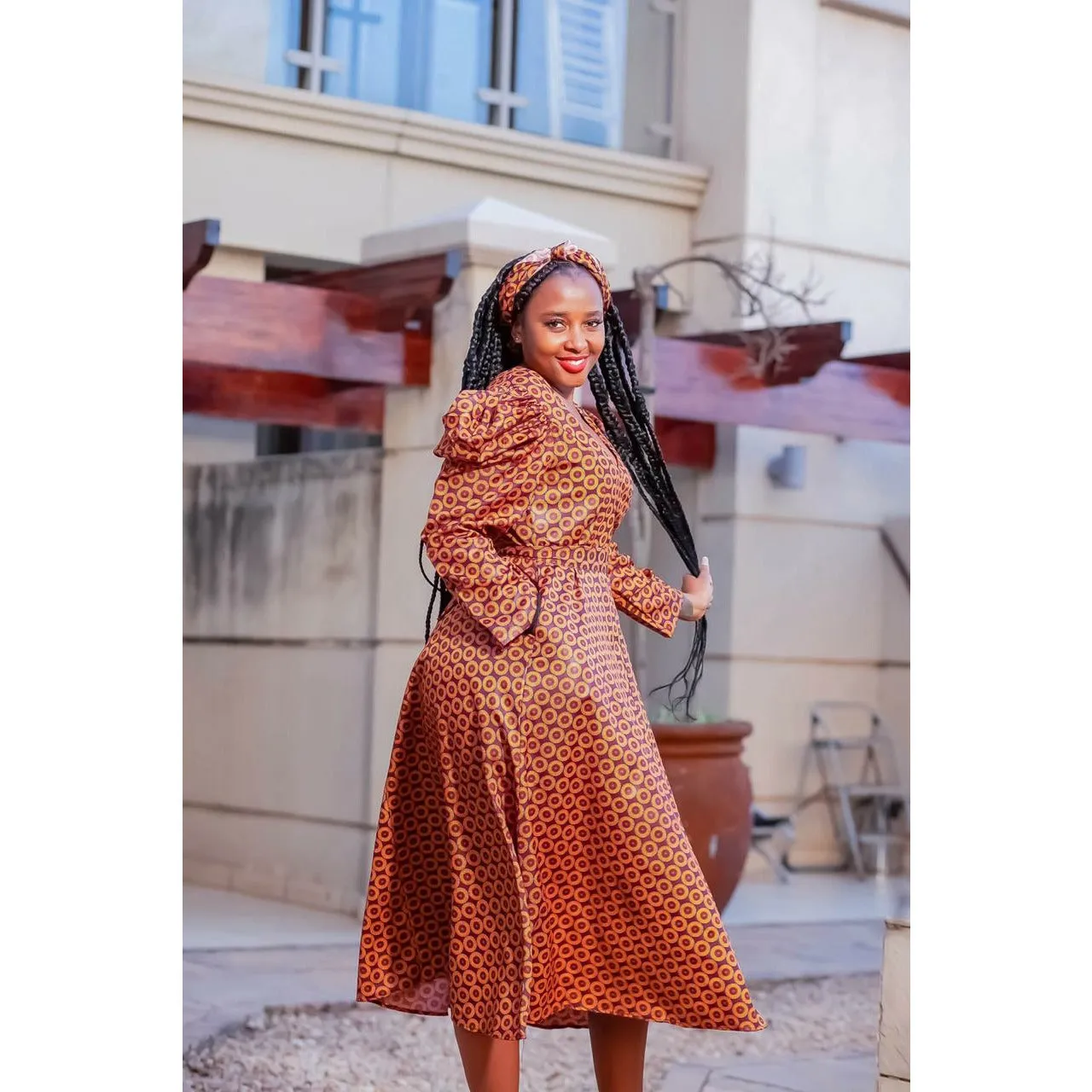 V-Neck Long Sleeve Ankara Dress