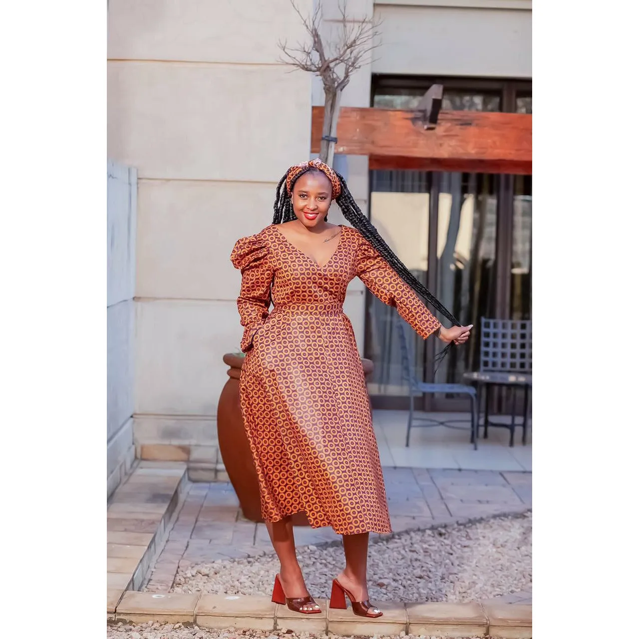 V-Neck Long Sleeve Ankara Dress