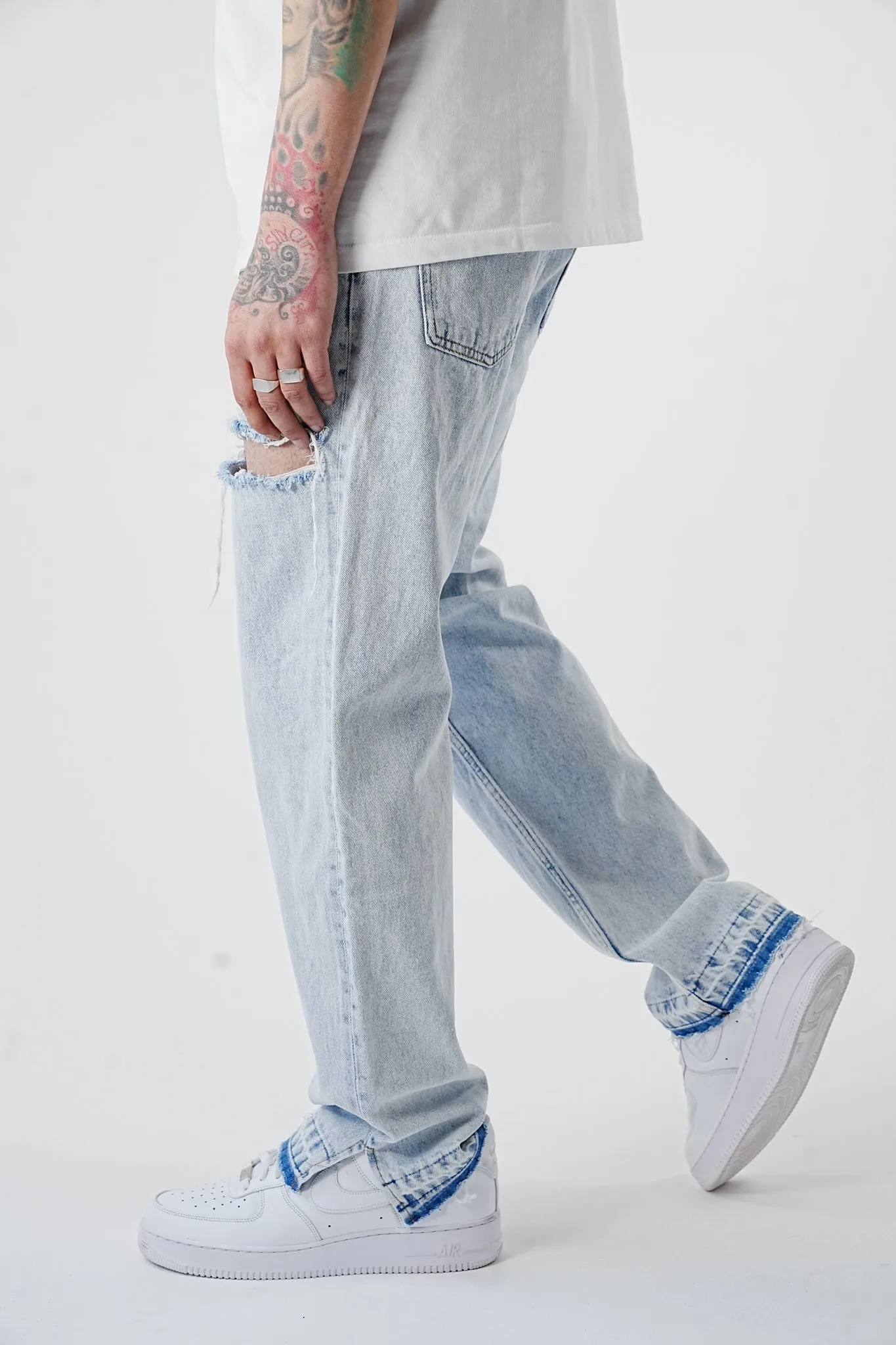 Wide Fit Destroyed Free Cut Light Blue Denim - UF3959