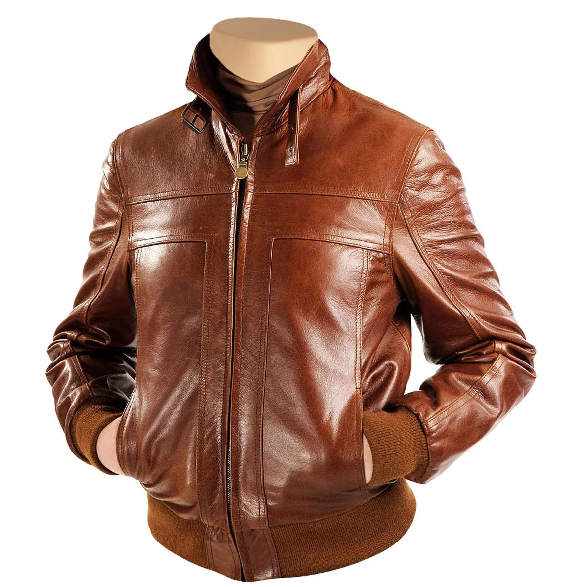 Womens Teresa Dark Sand Wash Leather Jacket With Rib Knit